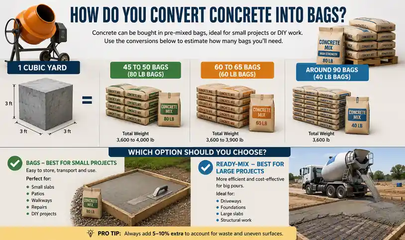 Concrete calculator bag conversion guide showing how many 80 lb, 60 lb, and 40 lb bags equal one cubic yard