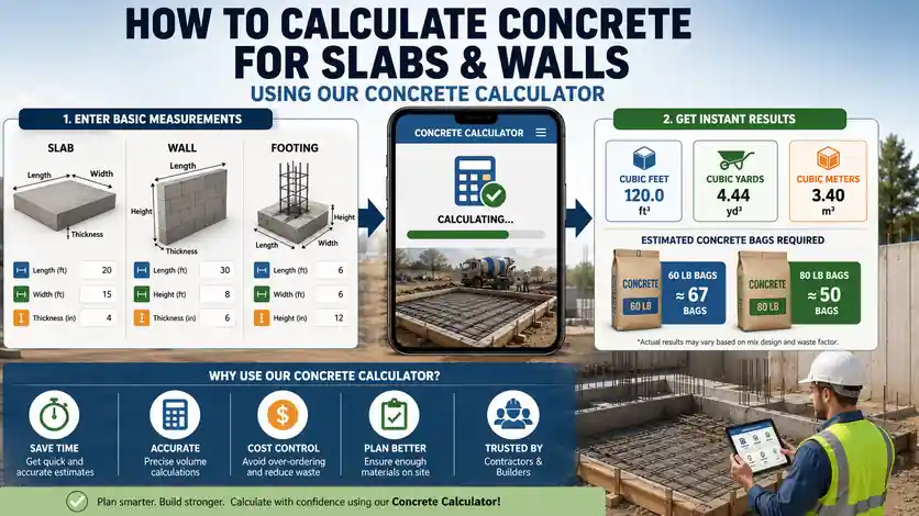 Concrete calculator for slabs, walls, and footings showing volume measurements and bag estimates