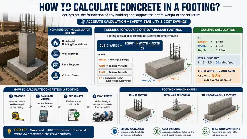 Concrete footing calculator showing length width depth formula and cubic yard calculation example