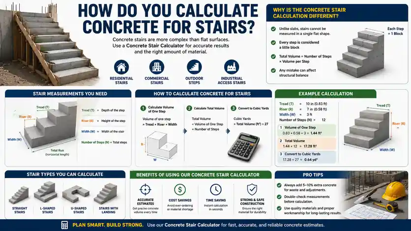Concrete stair calculator illustration showing step measurements and concrete volume calculation