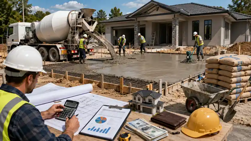 Concrete cost calculation illustration showing project planning, concrete pouring, labor, equipment, and delivery expenses