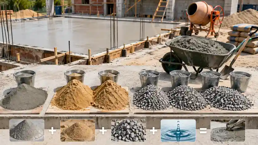 Concrete mix ratio showing cement, sand, and gravel proportions