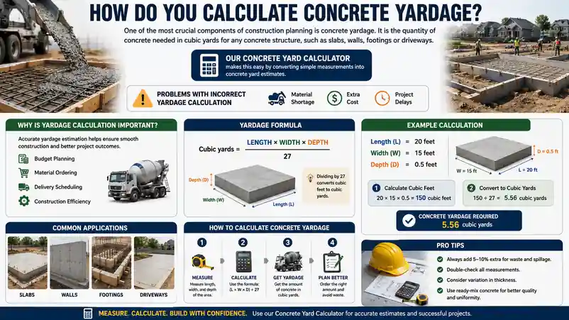 Concrete yardage calculator showing how to calculate cubic yards of concrete using length width and depth measurements
